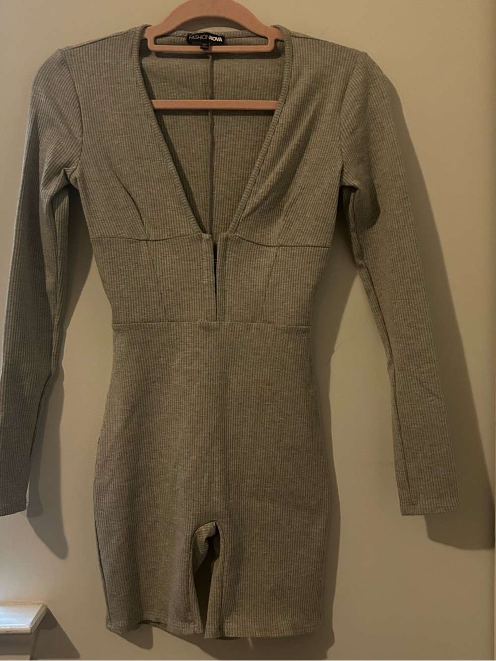 Fashion Nova Grey Ribbed Long-Sleeve Jumpsuit